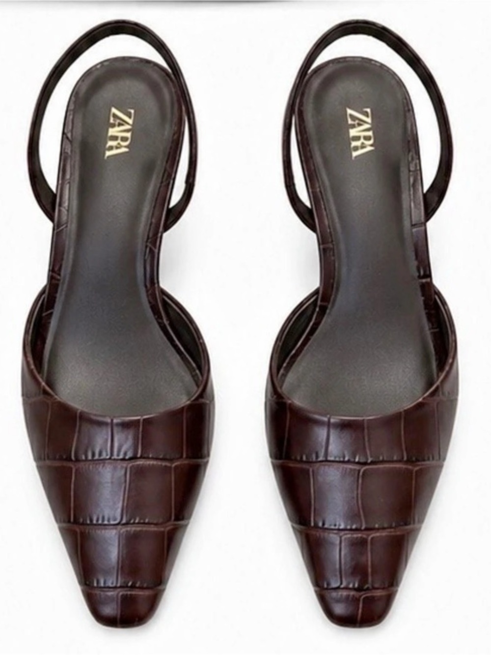 Zara Croc-Embossed Slingback Kitten Heels Brown